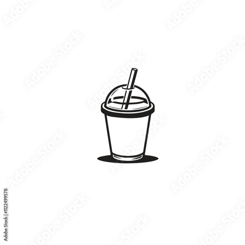 Monochrome illustration depicting a disposable drink cup with a lid and straw. Ideal for themes related to beverages, convenience, and takeaway culture.