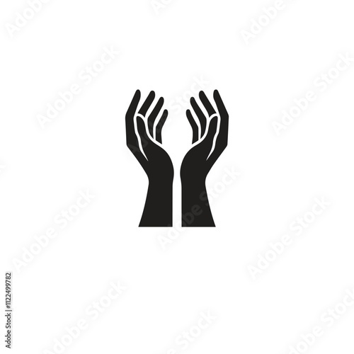 Simple black silhouette of two open hands raised in a gesture of support, symbolizing care, giving, or protection. Ideal for concepts of charity, spirituality, or human connection.