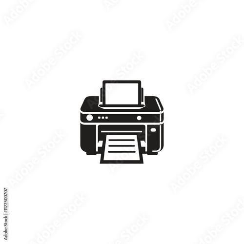 Black and white illustration showing a standard office printer with a document being printed. Perfect for concepts related to printing, office work, and electronics.