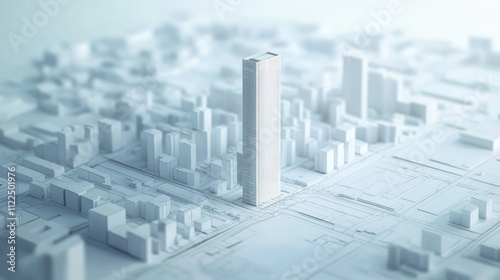 A 3D model of a cityscape featuring a tall building among smaller structures.