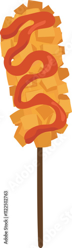 Cartoon style illustration of a corn dog on a stick topped with a swirl of ketchup.
