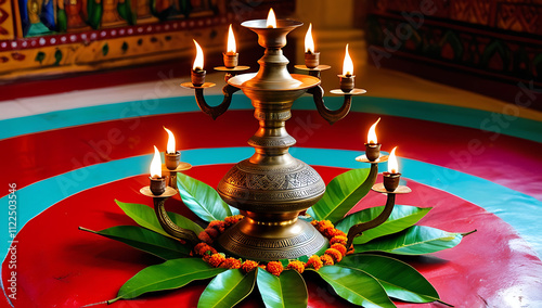 A traditional Indian brass lamp with intricate carvings, surrounded by glowing oil wicks and fresh mango leaves, placed on a decorated floor.

 photo