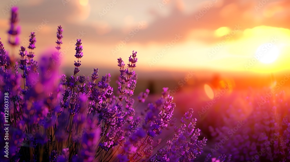 Naklejka premium A hyper-realistic sunset over a lavender field, with the purple flowers glowing in the warm light and a mockup