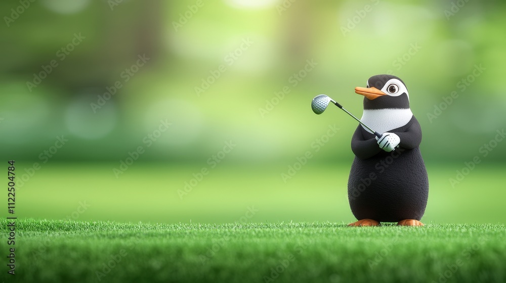 Naklejka premium Cute Penguin Golfer on Green Grass Golfing Fun Animal Sports Illustration