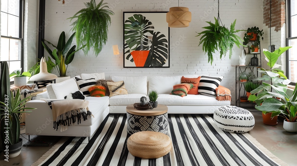 Fototapeta premium Modern Scandinavian living room with a white sofa, black-and-white striped rug, and pops of green from hanging indoor plants. interior design concept 