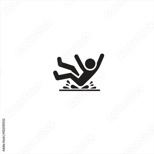 An illustrative warning symbol depicting a person slipping and falling due to a wet floor surface. Ideal for safety communications and hazard notifications in public or private facilities.