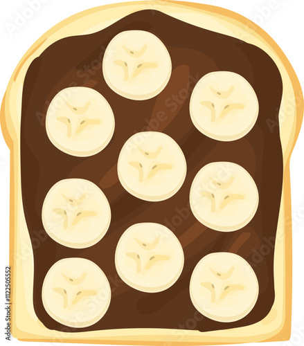 Cartoon illustration of a toast slice topped with creamy chocolate spread and fresh banana slices.