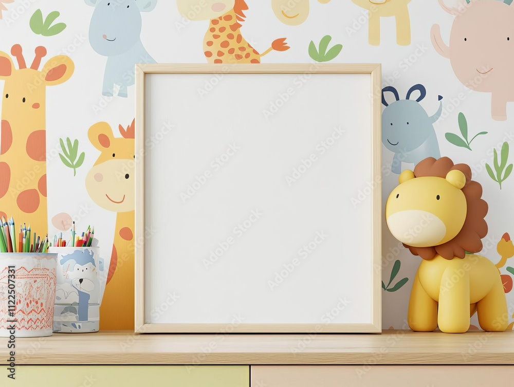 Fototapeta premium A blank rectangular frame propped on a dresser in a kid s room, colorful wall decals of animals in the background, vibrant and fun