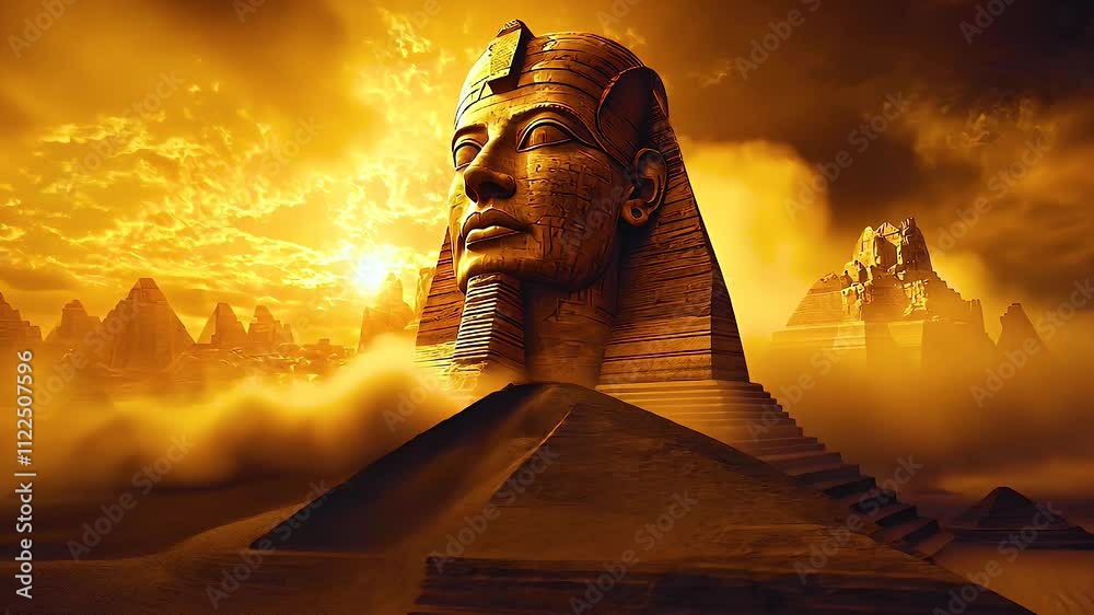 Majestic golden sphinx at sunset, surrounded by ancient pyramids and ...