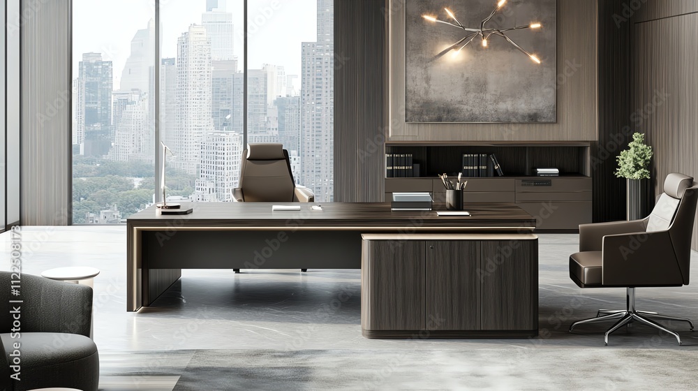Fototapeta premium Modern office interior with city view, sleek furniture, minimalistic design aesthetic.