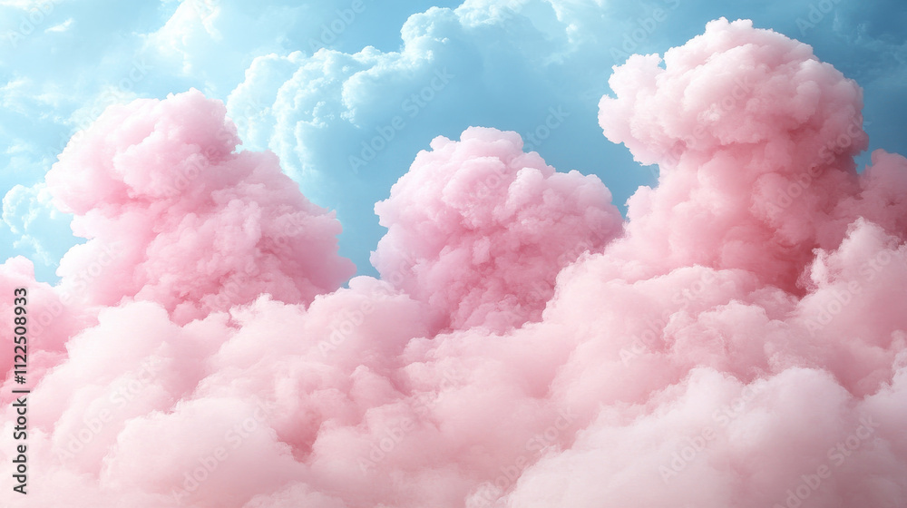 Fototapeta premium Soft pink and purple clouds create dreamy atmosphere against blue sky, evoking sense of calm and tranquility. fluffy formations resemble cotton candy, enhancing whimsical feel