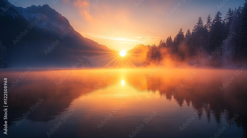 Fototapeta premium Beautiful sunrise over calm lake surrounded by mountains and trees in tranquil nature setting