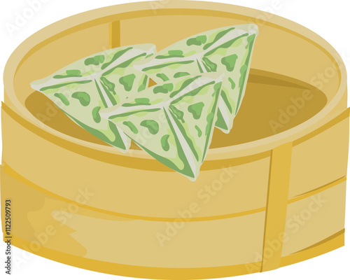 Steamed Dim Sum in Bamboo Basket Illustration.