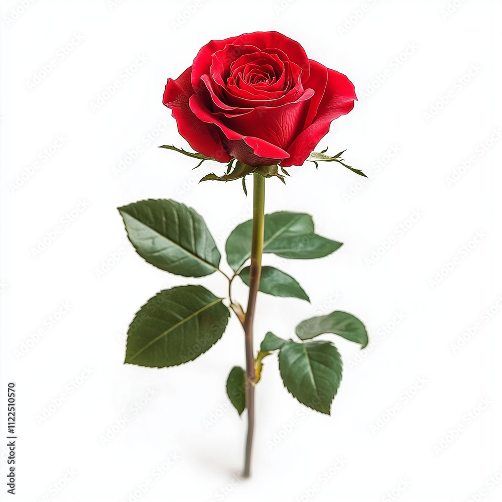 Naklejka premium A single red rose with green leaves and a long stem, isolated on a white background