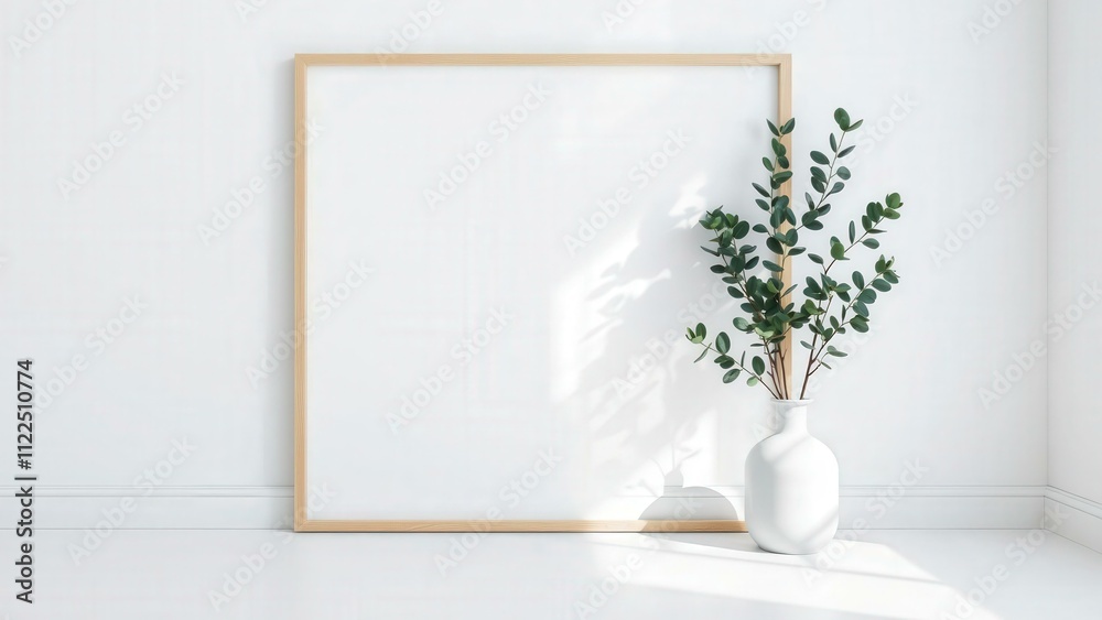 Fototapeta premium Modern Minimalist Interior with Blank Frame and Eucalyptus Plant - Perfect for Home Decor, Interior Design, and Art Display
