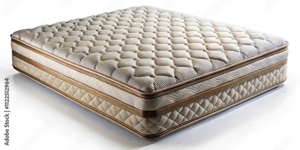 Luxurious layered mattress, subtly textured, softly lit against a pristine white backdrop. Luxurious layered mattress, subtly textured, softly lit against a pristine white backdrop.