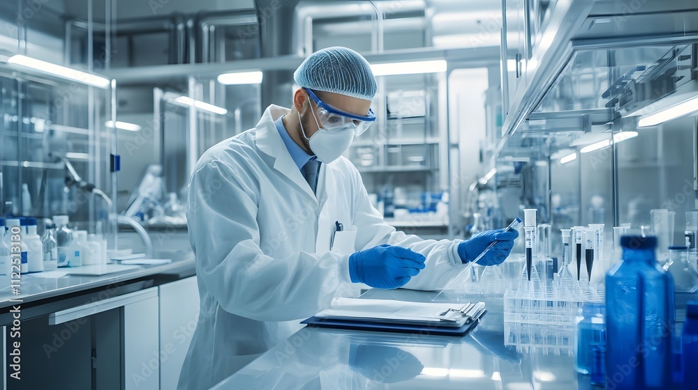 Naklejka premium Scientist in a Lab Coat Working with Test Tubes and a Clipboard