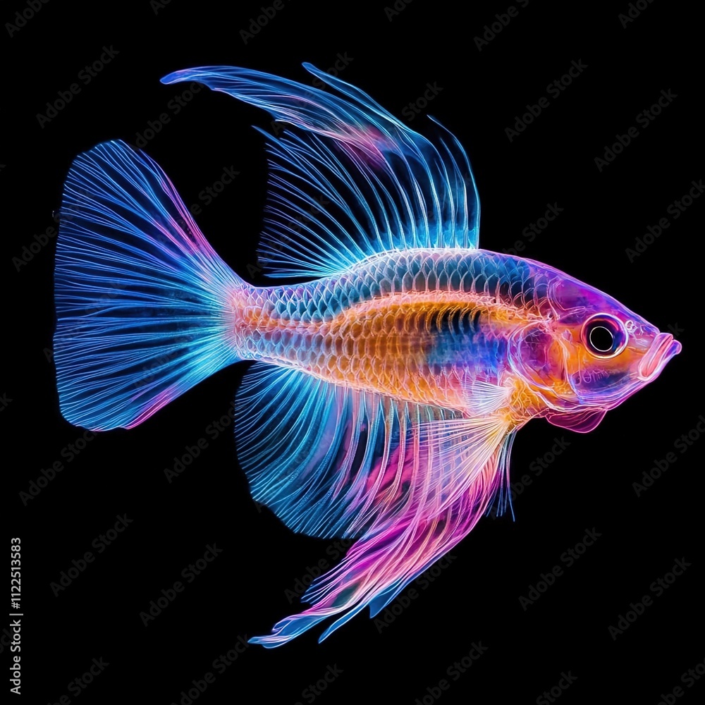 Fototapeta premium A photorealistic fish X-ray, vibrant colors on a black background