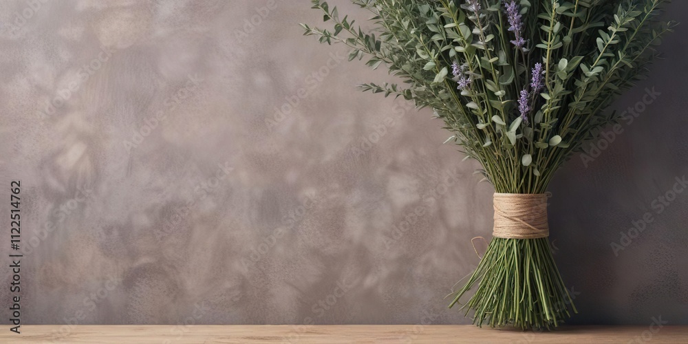 Fototapeta premium A bunch of lavender and eucalyptus branches tied with twine, herbal arrangements, floral arrangement, nature-inspired decor