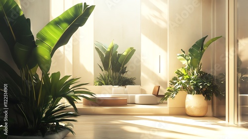 Sunlit indoor oasis with lush green plants and cozy seating area. photo