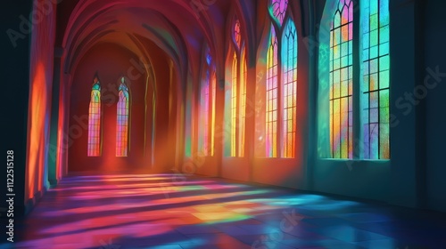 Soft rainbow light spills from stained glass windows  illuminating a quiet  shadowy interior with gentle colors