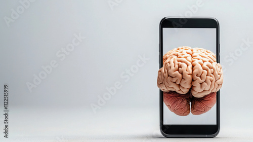 Brain rot concept. A smartphone engulfing a human brain, symbolizing the overwhelming influence of technology.