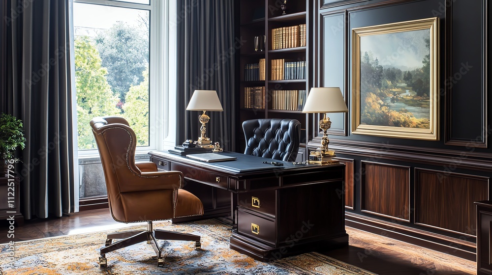 Fototapeta premium Elegant home office with leather chair, wooden desk, and large window view of garden.