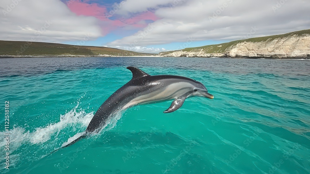 Naklejka premium Playful Dolphin Leaping Ocean Coastal Landscape Wildlife