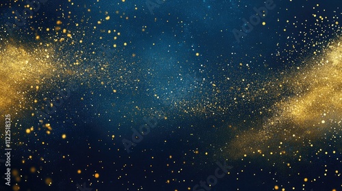 Abstract background with gold stars, particles and sparkling on navy blue. Christmas Golden light shine particles bokeh on navy blue background. 2024 New year background. Gold foil texture