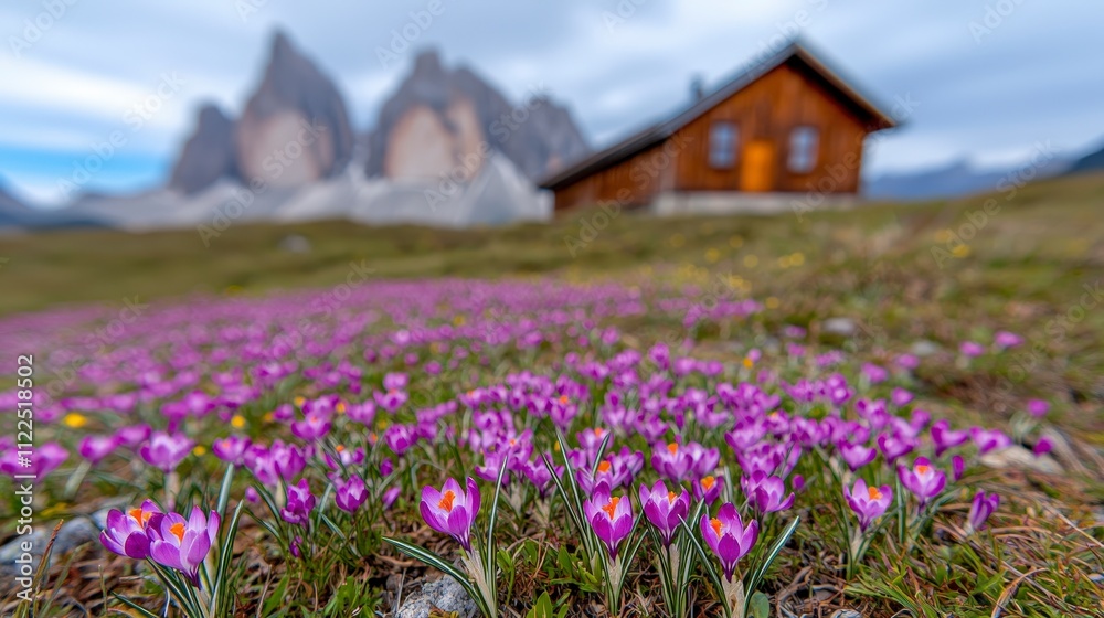Fototapeta premium Alpine Meadow Crocus Flowers Mountain Cabin Dolomites Scenery