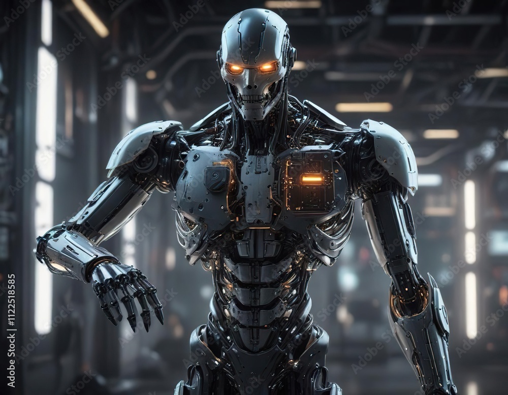 Cybernetic organism with glowing circuitry and mechanical limbs, metallic limbs, bioluminescent creatures