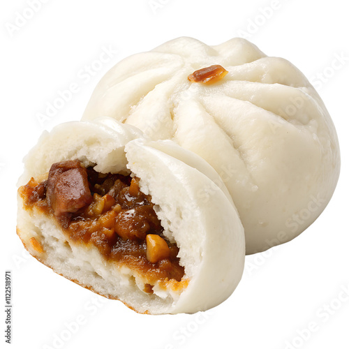 A single fluffy steamed bun, slightly cracked open to reveal its glossy barbecue pork filling