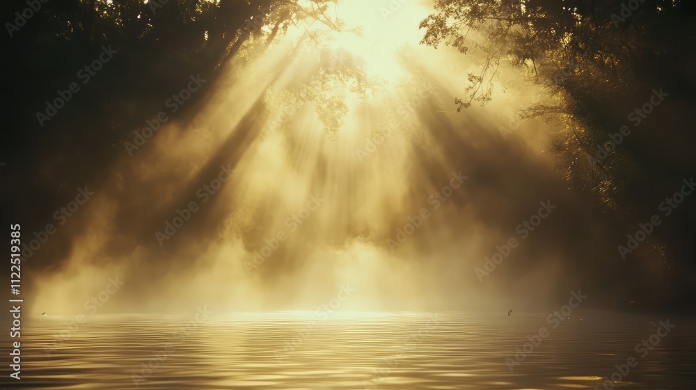 Obraz premium Sunlight piercing smoky mist over water, casting a surreal, soft glow