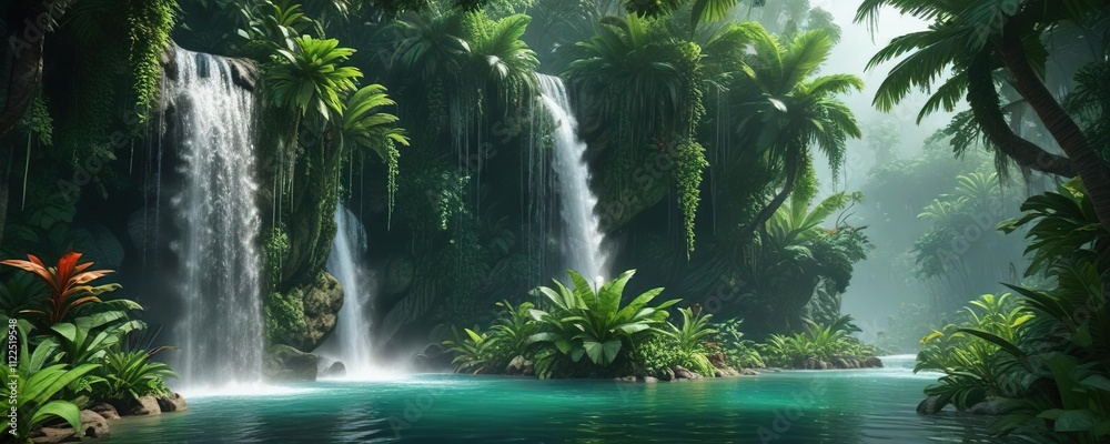Naklejka premium Emerald veiled cascades in lush tropical vegetation, natural wonder, hidden waterfall maui hawaii