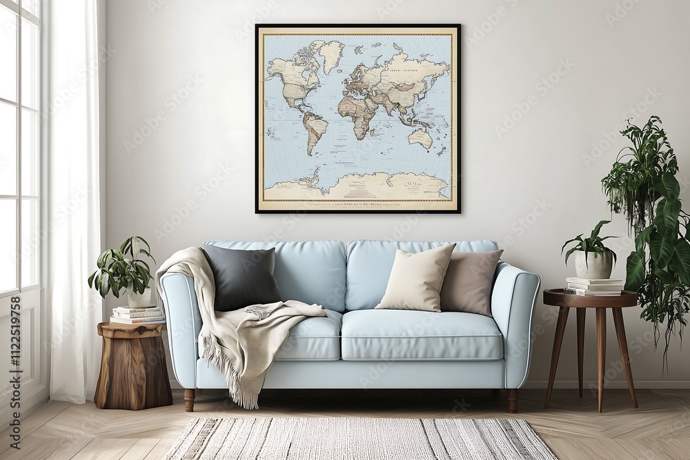 Fototapeta premium Cozy living room with a pastel blue sofa, wooden side table, and a poster map on the wall in the style of Scandinavian-style interior design for modern home decor.