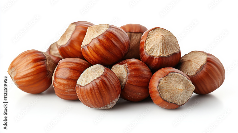 Obraz premium Fresh hazelnuts arranged in pile, showcasing their rich brown color and smooth texture, perfect for culinary uses or snacking