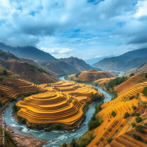 Terraced paddy fields in the punakha valley with the mo chu river flowing alongside River landscapes Ultra realistic Photorealistic landscape photographywater travel sky beautiful tourism outdoor photo