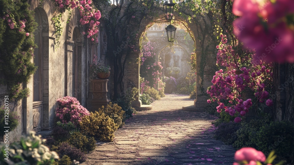 Fototapeta premium Sunlit Rose-Covered Archway in Romantic Italian Garden