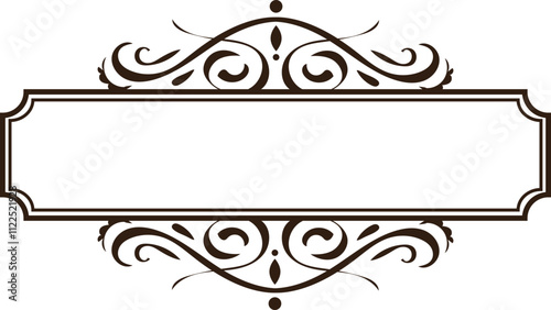 Intricate vintage label design featuring ornate swirls and a rectangular blank center.