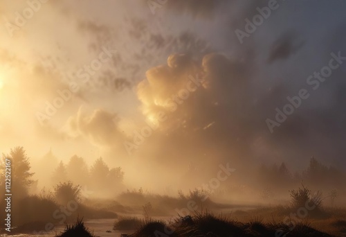 Rays of golden light piercing through the densest fog for a glimpse of the unknown, serene, fog, mist photo