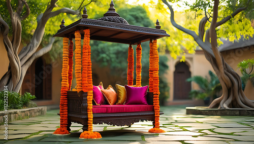 An intricately carved wooden jhoola (swing) decorated with marigold garlands and silk cushions, placed in a tranquil courtyard.

 photo