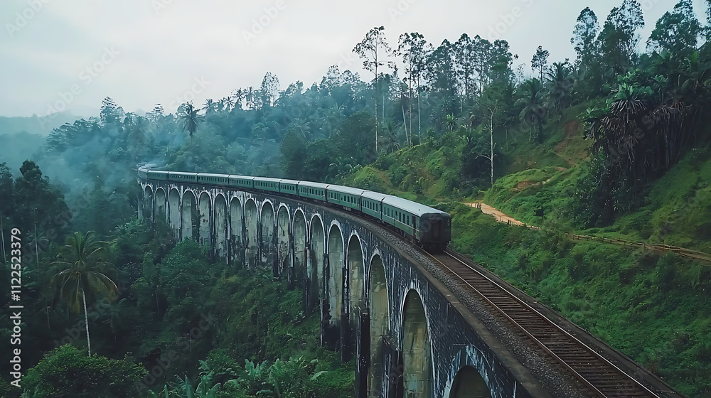 Obraz premium A train is traveling down a bridge over a forest