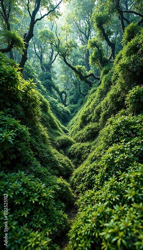 Wide-angle shot of a dense thicket of forkmoss or Dicranum, outdoor landscape, shrubbery, woodland plants photo