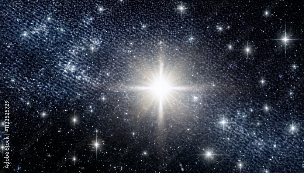 Fototapeta premium 暗い宇宙空間に中央の明るい白い星が輝き、その周りに小さな星々が取り囲む、宇宙の壮大さを感じさせるテクスチャ。