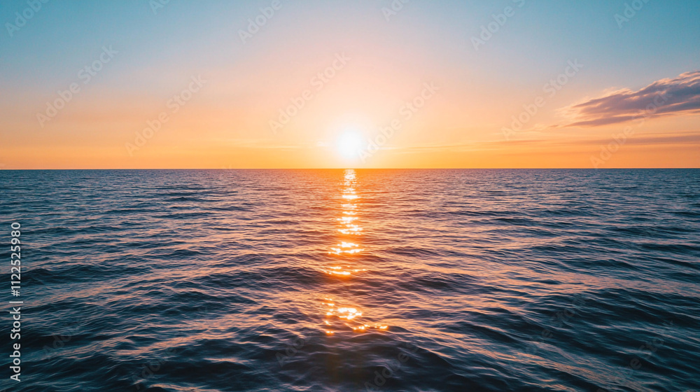 Obraz premium Stunning sunset over calm ocean waters near the horizon in the evening sky