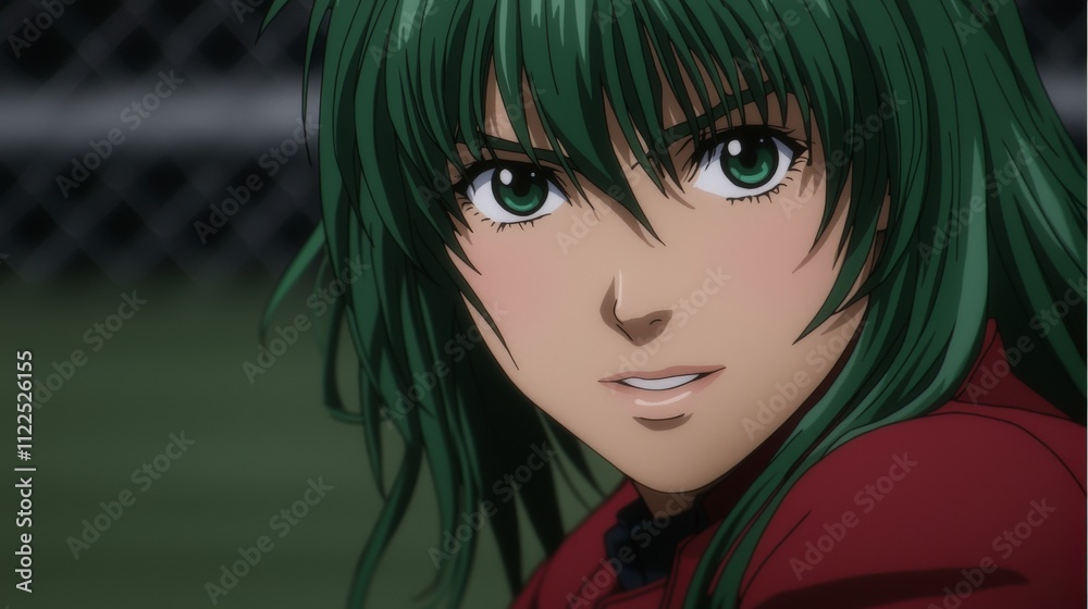 Naklejka premium Anime Girl Portrait Green Hair Closeup Confident Expression