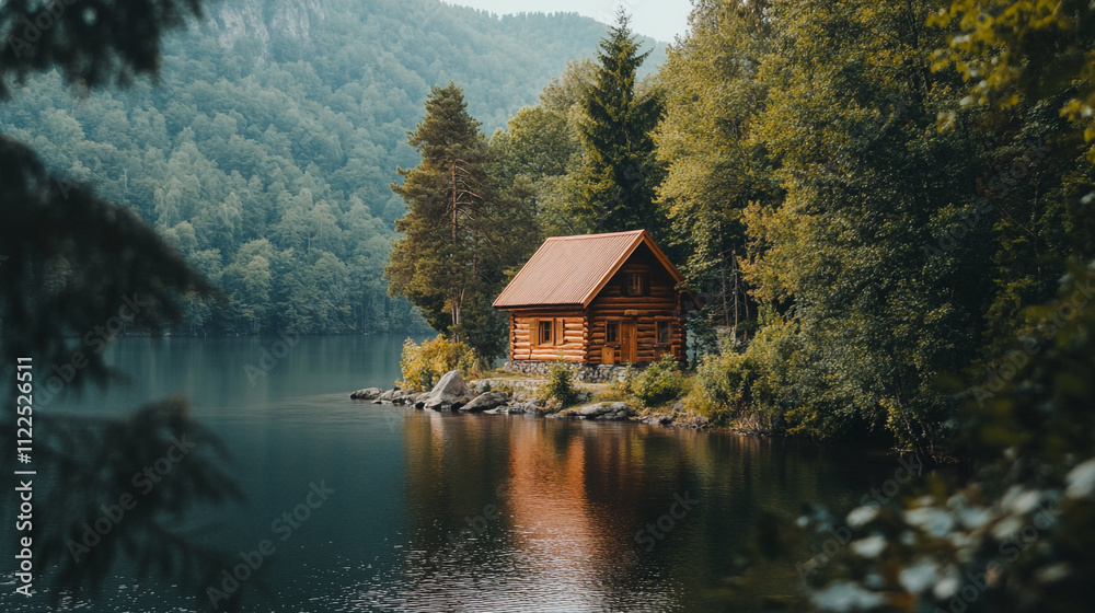 Obraz premium Rustic cabin by a tranquil lake surrounded by lush greenery in a serene landscape