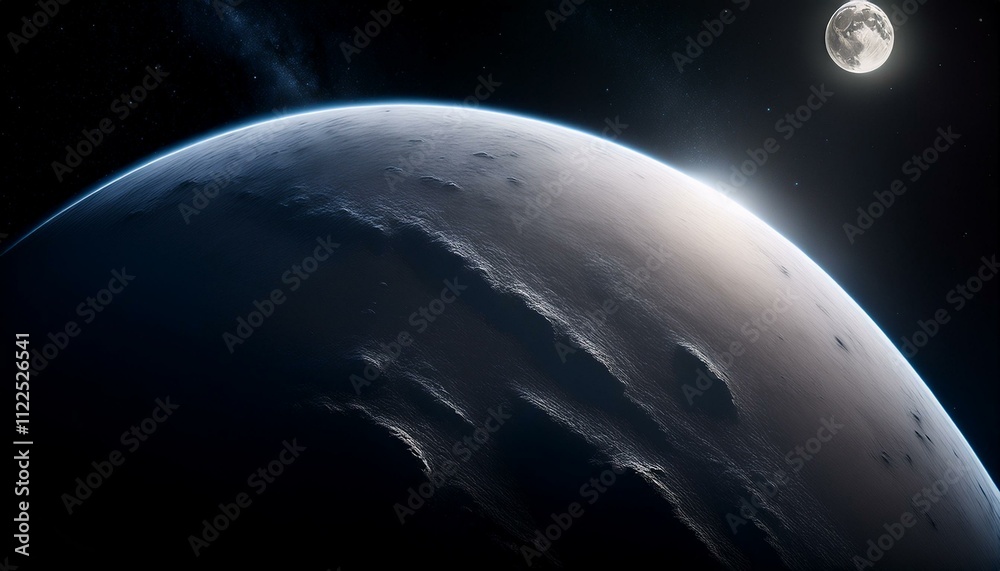 Obraz premium 漠然とした暗闇の中で浮かぶ惑星がぼんやりと映し出され、惑星の表面がわずかに見える。宇宙の広大さと静けさを感じさせるテクスチャ。