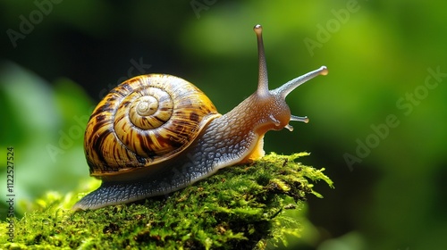 Caracol con concha marrón rayada sobre musgo verde en un entorno natural iluminado, capturado en un primer plano detallado photo