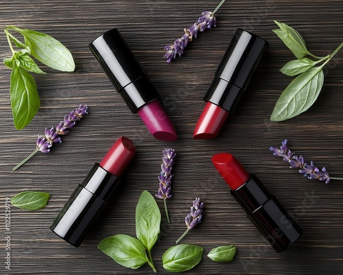 Top view of herbalinfused lipsticks displayed with fresh basil and lavender on a rustic wooden surface photo